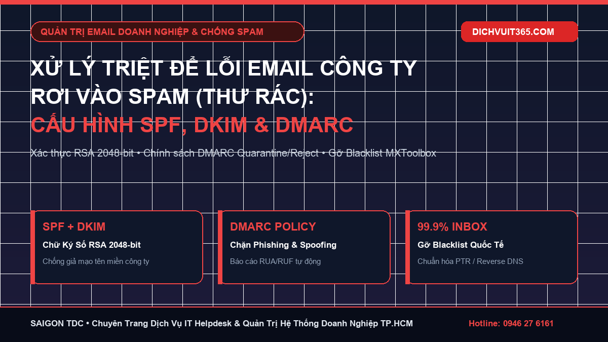 Cách Xử Lý Lỗi Email Doanh Nghiệp Rơi Vào Spam: Quy Trình Cấu Hình SPF, DKIM, DMARC & Gỡ Blacklist Từ Kỹ Sư IT 365